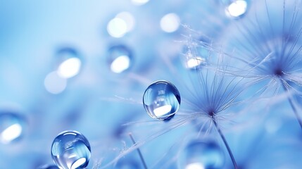 Sticker - Dew drops delicately adorn a dandelion seed in macro view, set against a soft light blue and violet background, creating a dreamy and artistic image.