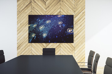 Poster - Social network icons concept and world map on presentation monitor in a modern boardroom. Networking concept. 3D Rendering