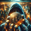 Mysterious man holding bitcoin