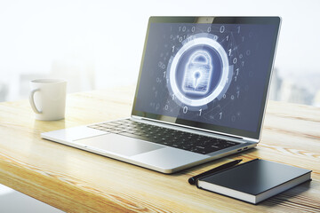Aufkleber - Modern computer monitor with creative lock hologram and chip. Information security concept. 3D Rendering