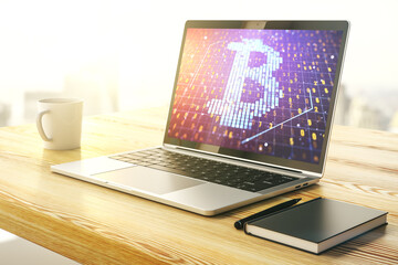 Poster - Creative Bitcoin concept on modern laptop screen. 3D Rendering