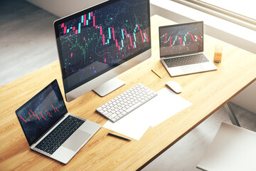 Poster - Modern computer monitor with creative abstract global crisis chart with world map hologram. Financial crisis and recession concept. 3D Rendering