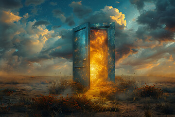 Wall Mural - an open door beyond which is another world, freedom or opportunity.
