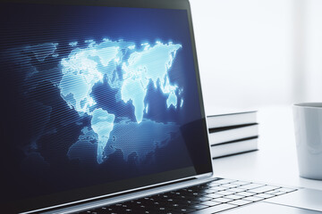 Poster - Modern computer monitor with abstract digital world map, research and strategy concept. 3D Rendering