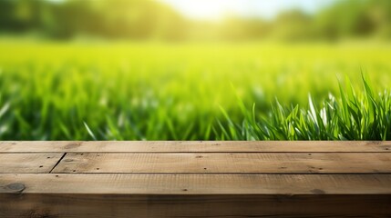 Canvas Print - Fresh green grass contrasts against a wooden desk, capturing the essence of nature.