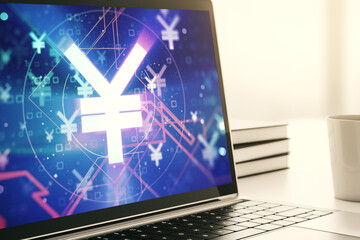 Poster - Creative Japanese Yen symbol illustration on modern computer monitor, forex and currency concept. 3D Rendering