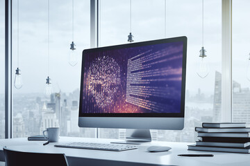 Poster - Modern computer monitor with creative code skull hologram. Malware and cyber crime concept. 3D Rendering