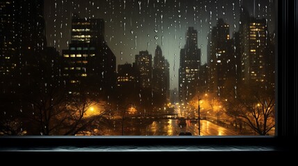 Wall Mural - Rain wets the window against the backdrop of an autumn night cityscape.