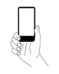 Wall Mural - Hand holding mobile phone hand drawn line art illustration. Fingers touching smartphone screen, using application. Empty screen, phone mockup. Black icon isolated on transparent background.