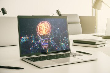 Aufkleber - Creative idea concept with light bulb and human brain illustration on modern laptop screen. Neural networks and machine learning concept. 3D Rendering
