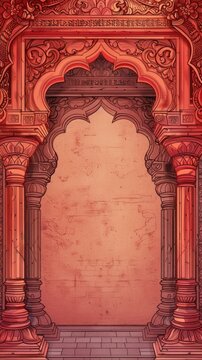 traditional indian wedding invitation design backdrop with red stone arch and pillars