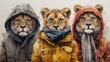 a painting of three lions wearing jackets and scarves in the snow with snow falling all over their furs.