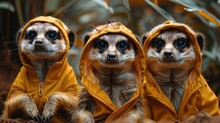 Two Meerkats Dressed In Yellow Raincoats Sitting Next To Each Other On A Pile Of Dirt.