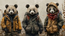 Three Panda Bears Wearing Jackets And Standing Next To Each Other In Front Of A Background Of Leaves And Snowflakes.
