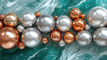 a close up of a bunch of shiny balls on a blue and green marble surface with gold and silver balls.