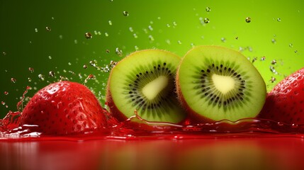 Canvas Print - Sliced kiwi splashes, adorned with water droplets, stand out against a vibrant red background.