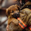 frightened puppy rescued from a fire or destroyed or blusted building or ruine on the shoulder of a rescuer.