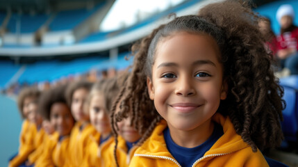 happy multiracial children cheering at a sports event in a stadium