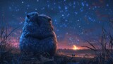 a large brown bear sitting on top of a lush green field under a night sky filled with lots of stars.