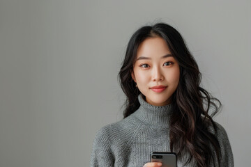 Portrait of an attractive young asian woman using mobile phone while standing with copy space over gray background.