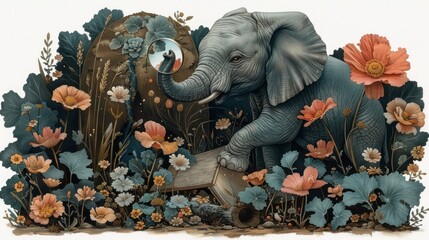 Wall Mural - a painting of an elephant with a mirror in it's trunk in the middle of a field of flowers.