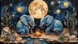 a painting of two elephants sitting in front of a campfire with a full moon in the sky behind them.