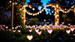 A serene garden under the soft glow of the moon, adorned with heart-shaped fairy lights, blooming flowers in vibrant hues