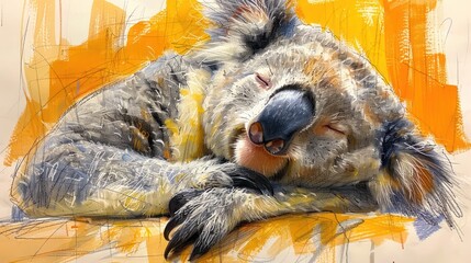 Wall Mural - a drawing of a koala sleeping on top of a yellow and orange chair with its head resting on its paws.