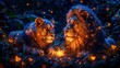a couple of lions sitting next to each other in front of a forest filled with lots of small fireflies.
