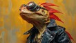 a close up of a lizard wearing a leather jacket with a goggles on top of it's head.