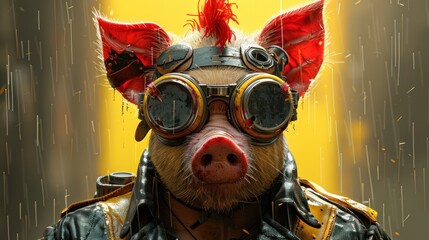 Wall Mural - a pig wearing goggles and a leather jacket with a red bird on it's head is standing in front of a yellow background.