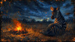 a painting of a zebra sitting in front of a campfire with a night sky and stars in the background.