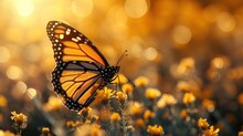 A Close Up Of A Butterfly On A Plant With Yellow Flowers In The Foreground And A Blurry Background.