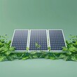 A realistic 3D render of a solar panel surrounded by plants, set against a green background