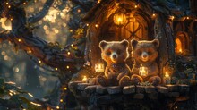 Two Teddy Bears Sitting Next To Each Other In Front Of A Tree House With Lit Candles In Front Of Them.