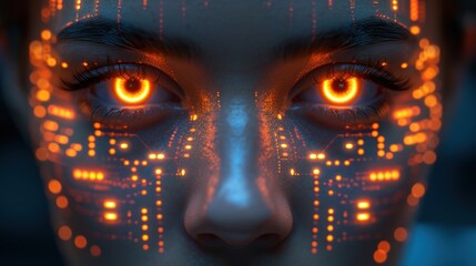 Wall Mural - a close up of a woman's face with glowing orange eyes and a circuit board pattern on her face.