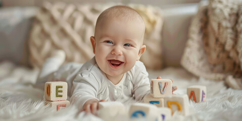joyful baby with alphabet blocks. cheerful baby playing with colorful letter blocks, joyful early le