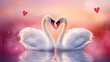 two swans look at each other and form a heart, love concept.
