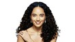 A woman with long, curly hair, hazel eyes, and a lovely smile. She wears an elegant dress and subtle jewelry that enhances her natural beauty. Her posture is confident, and her gaze exudes both warmth