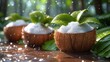 a couple of coconuts sitting on top of a table covered in white sugar and green leafy toppings.
