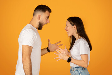 Poster - Animated young couple in a lively discussion, gesturing with their hands, both wearing white t-shirts