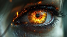  A Close Up Of A Person's Eye With A Bright Yellow Eyeball In The Center Of The Eye And A Fireball In The Middle Of The Iris Of The Eye.