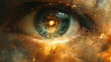  A Close Up Of A Person's Eye With An Eyeball In The Center Of The Image And A Lot Of Fire And Smoke Around The Eye Is Shown In The Foreground.