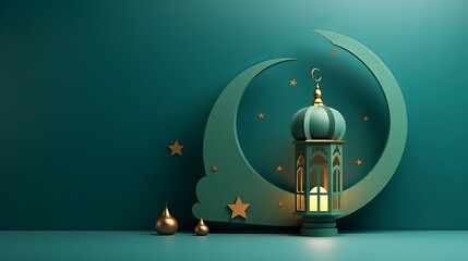 Turkish traditional lantern light lamps and a crescent moon are showcased on a podium against a green background, embodying the spirit of Ramadan and Eid al-Fitr.