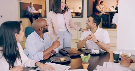 Wall Mural - Business people, meeting at restaurant and happy in discussion, plan and collaboration for project. Brainstorming, communication and together at cafe for b2b, diversity and teamwork with remote work