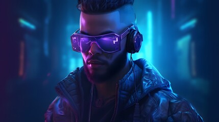 cyberpunk man wearing a futuristic headset, neon virtual glasses, and cyberpunk gear