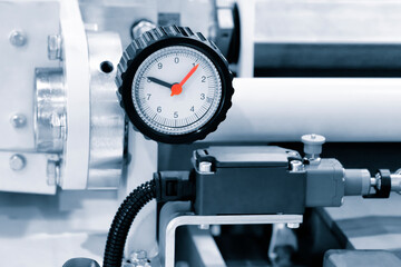 Poster - Industrial  concept. equipment of the boiler-house, - valves, tubes, pressure gauges, thermometer. Close up of manometer, pipe, flow meter, water pumps and valves of heating system in a boiler room.