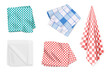 Gingham tablecloths and kitchen towels set. 3D realistic folded table cloth collection with plaid pattern, handkerchief and hanging linen napkin in top and side view cartoon vector illustration