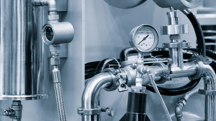 Poster - Stainless steel pipes in food or pharmaceutical or chemical industrial factory, industrial concept background