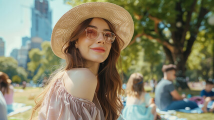 Sticker - A young woman wearing a summer hat smiling.